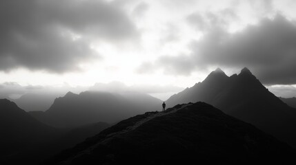 Naklejka premium A solitary person stands at a fork in a rugged mountain path, enveloped by towering peaks and dramatic cloud formations, symbolizing solitude and decision-making