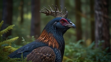 A close-up portrait of a male crested  bird with a striking blue, brown, and red plumage in a natural setting.