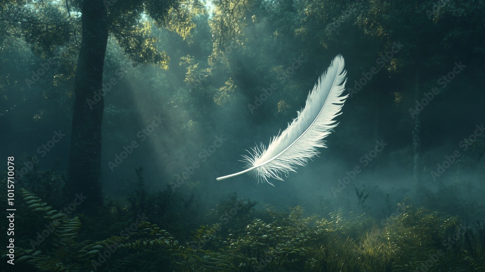 Poster single white feather floating in a magical forest with sunbeams shining through the trees.