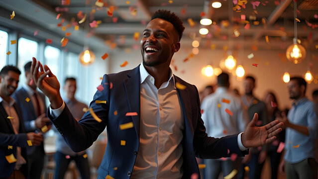 Happy candid young business black man dancing under confetti at an office party celebrating success and company goals