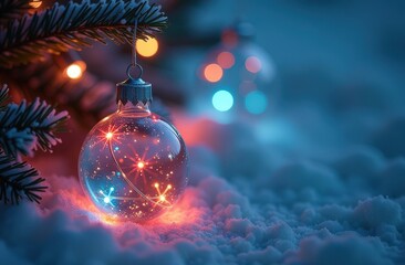 Christmas tree decorated with glass ornaments, with lights in the snowy forest and blurred bokeh background.