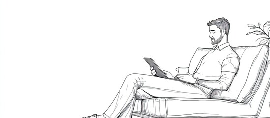Man Relaxing on a Couch with a Tablet and a Cup