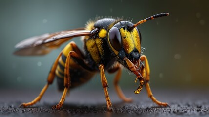 A close-up of a yellowjacket wasp with its mandibles open, showing its sharp teeth. The wasp is in focus, with a blurred background.