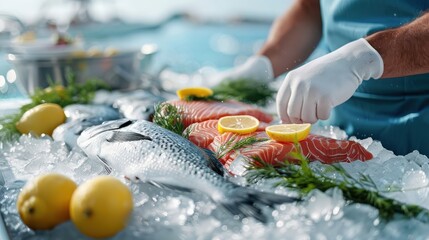 Fresh fish meat on ice at a seafood market with dill and lemon, under bright natural lighting enhancing color and texture.
