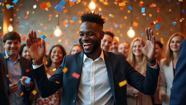 Happy candid young business black man dancing under confetti at an office party celebrating success and company goals
