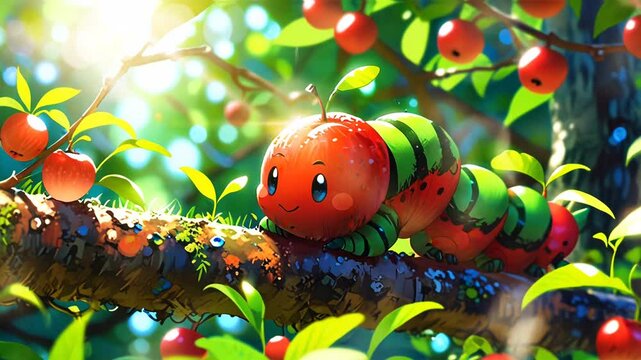 Cute and adorable animation of caterpillar on apple tree branch, smooth looping video with 4K animation 