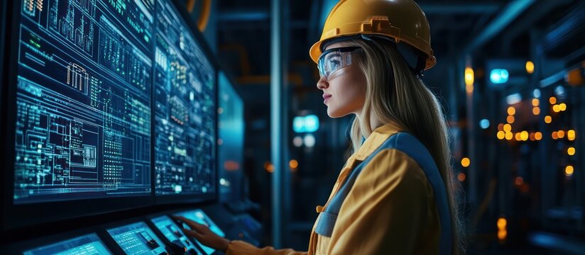 Female engineer wearing a hard hat and safety glasses looking at a control panel with data.