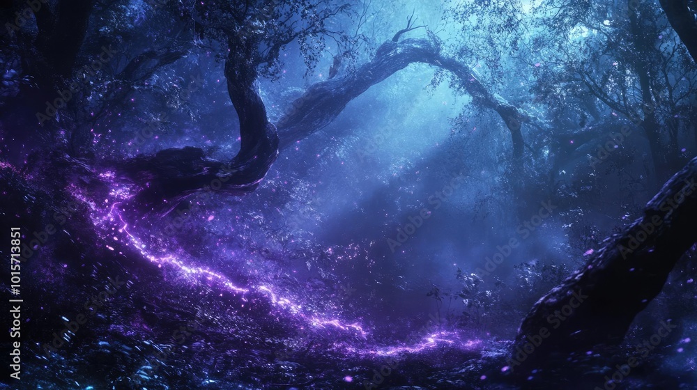 Poster a mystical forest scene illuminated by ethereal purple light, creating an enchanting and serene atmo