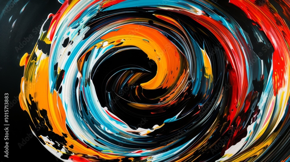 Poster a vivid swirl of mixed paint featuring bright red, blue, orange, and white tones, creating a bold an