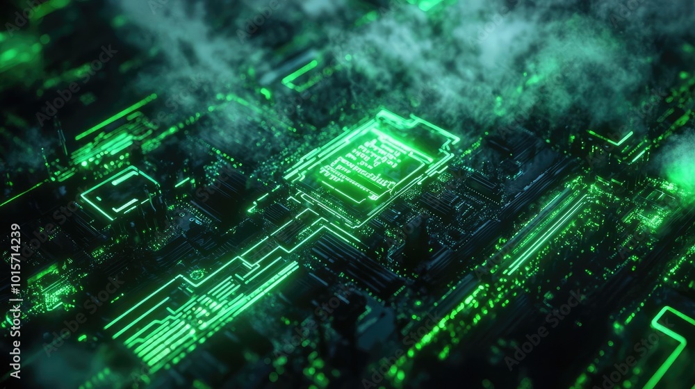 Poster a mesmerizing green circuit board illuminated with vibrant lights, showcasing intricate electronic p