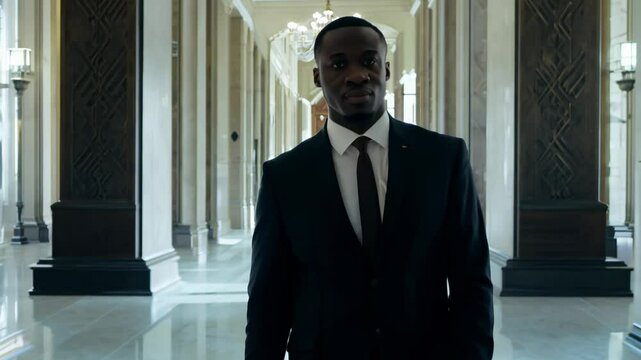 a dapper 42-year-old black male lawyer walks confidently along a formal courtroom hallway as the camera slowly zooms out with rim light