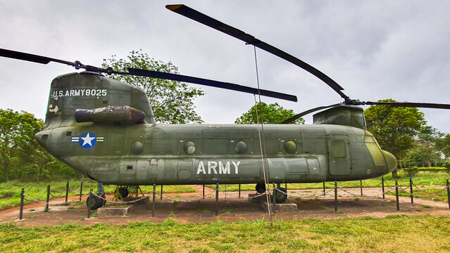 Quang Tri, Vietnam - March 21, 2021 : Boeing CH-47 Chinook Helicopter In Ta Con Airport Relics. Ta Con Airport Is Now A Famous Historical Relic In Quang Tri Attracting Tourists To Visit And Explore.
