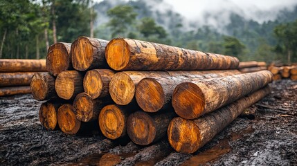 A large stack of felled tree trunks lies in the forest, a grim reminder of deforestation and its environmental consequences.