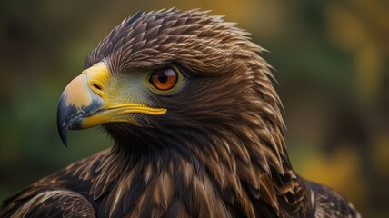 Obraz premium A close-up of a golden eagle's head, showing its sharp beak, intense eyes, and feathery plumage.