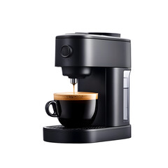Modern coffee machine brewing espresso into a cup with crema, isolated on a white background.