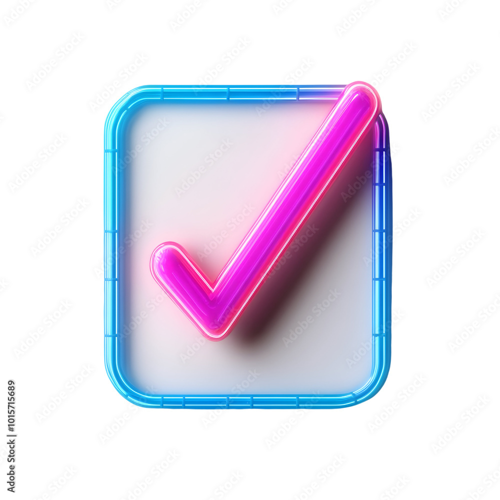 Poster neon check mark in a colorful glowing style on a transparent background.