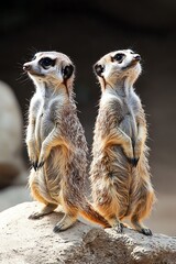 Fototapeta premium Meerkats standing alert, desert sun high overhead
