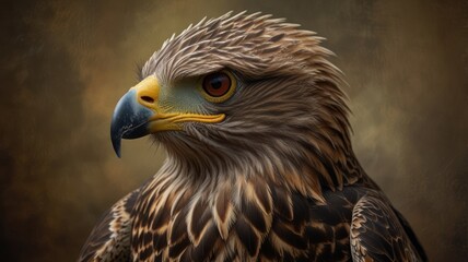 Obraz premium A close-up portrait of a brown eagle with a sharp beak and piercing eyes. The eagle's feathers are ruffled and its head is tilted slightly to the side, giving it a look of intense focus.