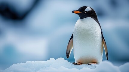 Fototapeta premium A lone penguin stands on a melting ice floe, an AI-generated image representing the urgent climate crisis threatening wildlife in the polar regions.
