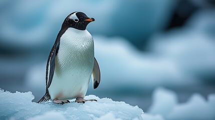 Obraz premium A lone penguin stands on a melting ice floe, an AI-generated image representing the urgent climate crisis threatening wildlife in the polar regions.