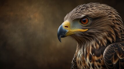 Fototapeta premium A close-up portrait of a majestic hawk with sharp eyes and a powerful beak, set against a textured brown background.