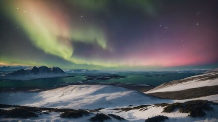 Fototapeta premium A cold, clear polar night sky with the faint glow of the sun on the horizon and a sky full of stars and aurora lights shimmering 