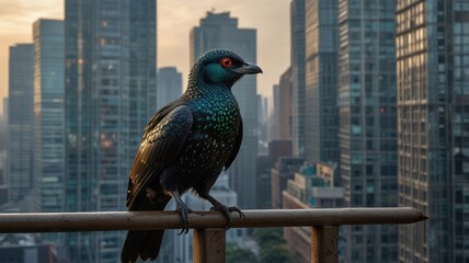 A vibrant blue and green bird with red eyes perches on a railing with a cityscape backdrop.