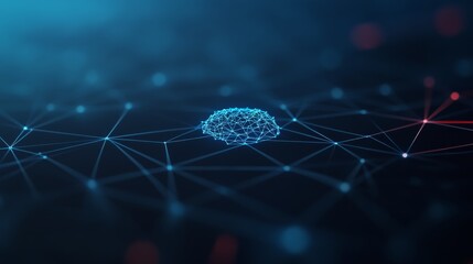 The composition features a central glowing blue AI brain, surrounded by intricate geometric lines and symbols, set against a gradient blue background, symbolizing digital intelligence