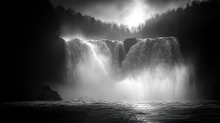 Fototapeta premium A long-exposure black-and-white panorama captures the rush of water cascading down a waterfall, its power amplified by the stark contrast of light and shadow.