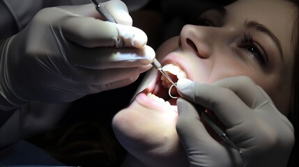 Obraz premium Dentist applying a fluoride treatment to a young patient's teeth