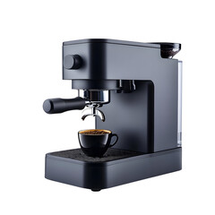 Sleek black espresso machine with a coffee cup, isolated on white background.