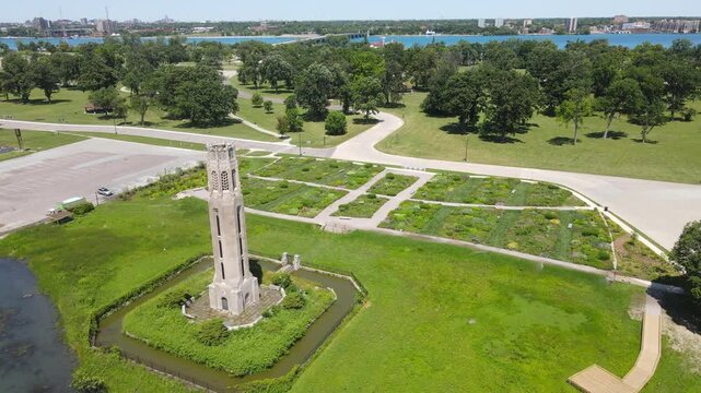 Nancy Brown Peace Carillon Tower, on Belle Isle Park, Detroit Michigan, USA, aerial view