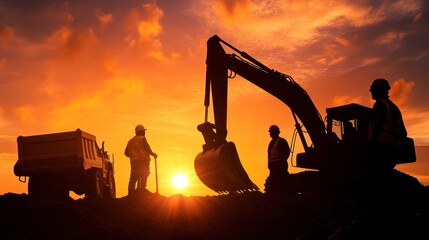 Construction Workers Silhouettes at Sunset