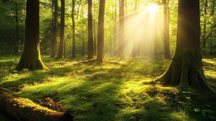 Obraz premium Sun beams through the trees in a lush green forest.