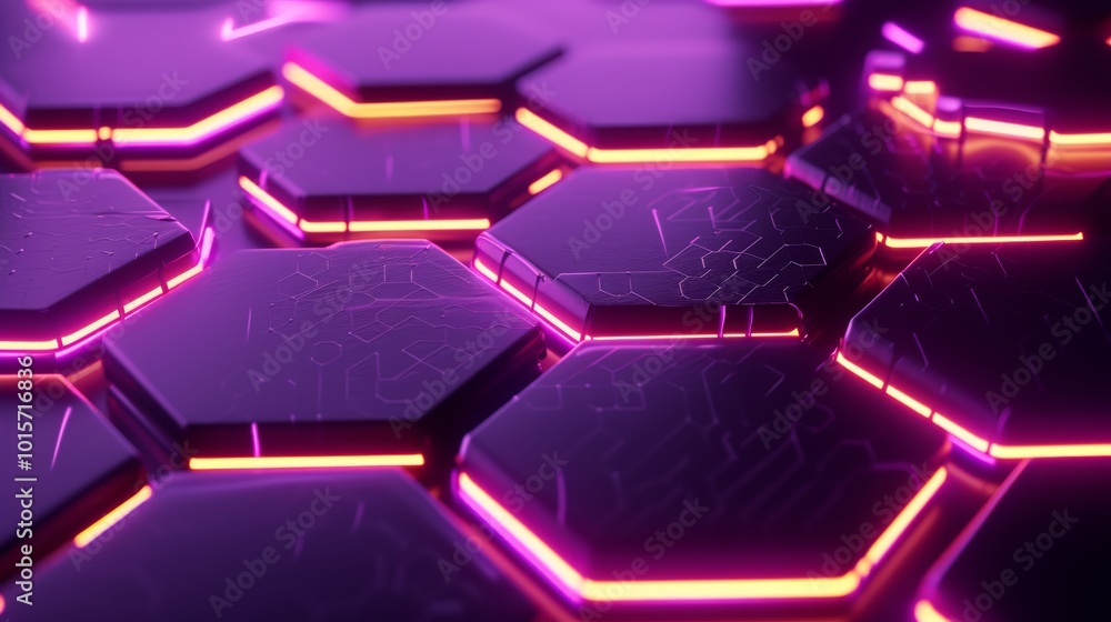Poster a close-up of a digital hexagonal surface illuminated by vibrant purple and orange neon lights. the 