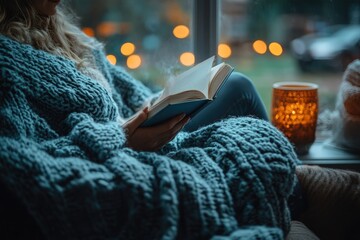 Woman relaxing by the window reading a book on a rainy day