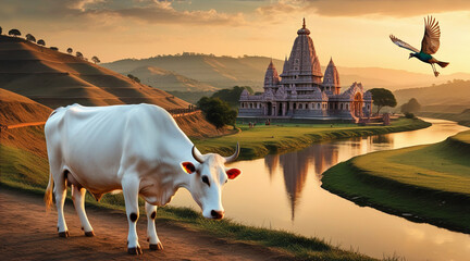 Obraz premium Serenity in Vrindavan: A Tranquil Scene of Cows by the River, Beneath the Whispering Trees
