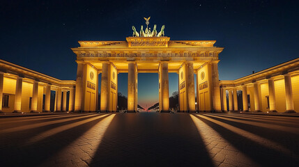 Obraz premium Brandenburg Gate, night view with city lights illuminating the gate, dark night sky with stars visible in the distance, Ai generated images