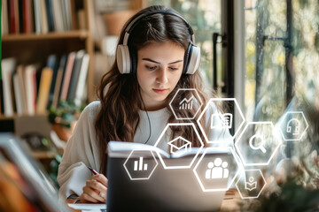 Young Woman Engaged in E-Learning with Headphones and Digital Interface in a Modern Study Environment