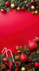Vertical festive Christmas-themed arrangement on a red background with ornaments and candy canes. Perfect for holiday greeting cards, seasonal promotions, and social media posts with a copy space.