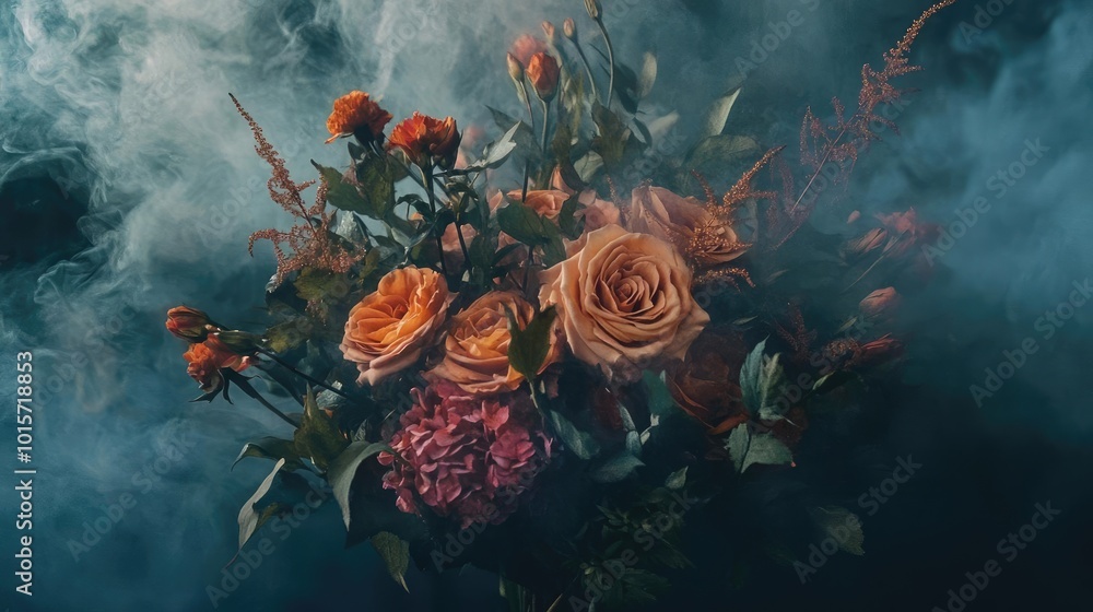 Poster a stunning bouquet of roses and flowers shrouded in ethereal smoke, creating a mystical and enchanti