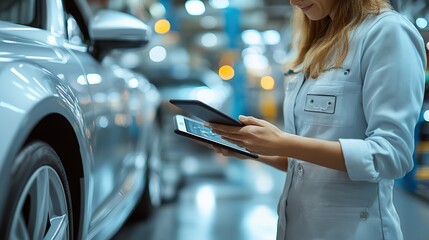 A manager oversees robotic operations in a factory, using a tablet to connect with AI-driven automation systems.