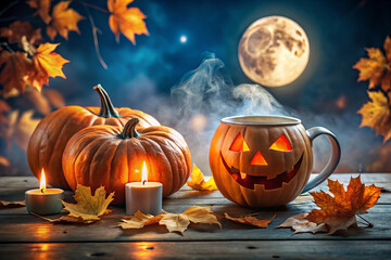 Fototapeta premium large jack o lantern mug filled with steaming liquid sits beside pumpkins, creating cozy Halloween