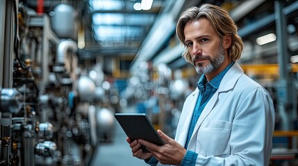 A manager oversees robotic operations in a factory, using a tablet to connect with AI-driven automation systems.