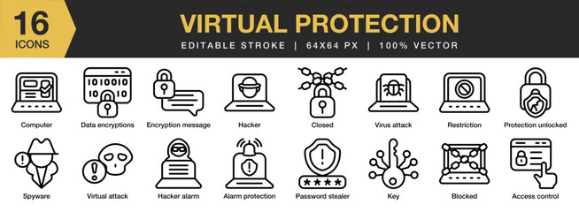 Virtual Protection icon set. Editable Stroke Icon Collection. Includes virus attack, spyware, restriction, password, key, and More. Outline icons vector collection.