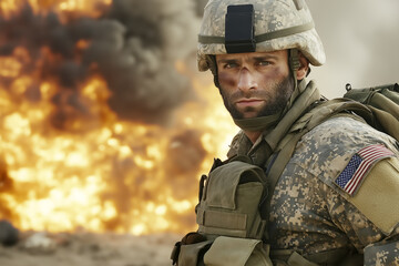 Fototapeta premium Portrait of American soldier standing in front of a fiery explosion, looking directly at the camera with a serious expression. Aspect ratio 3:2