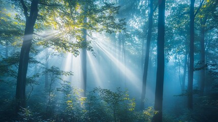 Fototapeta premium Sunbeams through misty forest trees.