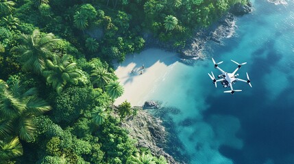 Aerial View of Drone Over Tropical Island Paradise