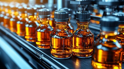 Bottles of amber liquid on a production line in a factory setting