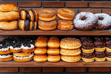 Freshly baked donuts and pastries on wooden shelves against a brick wall.